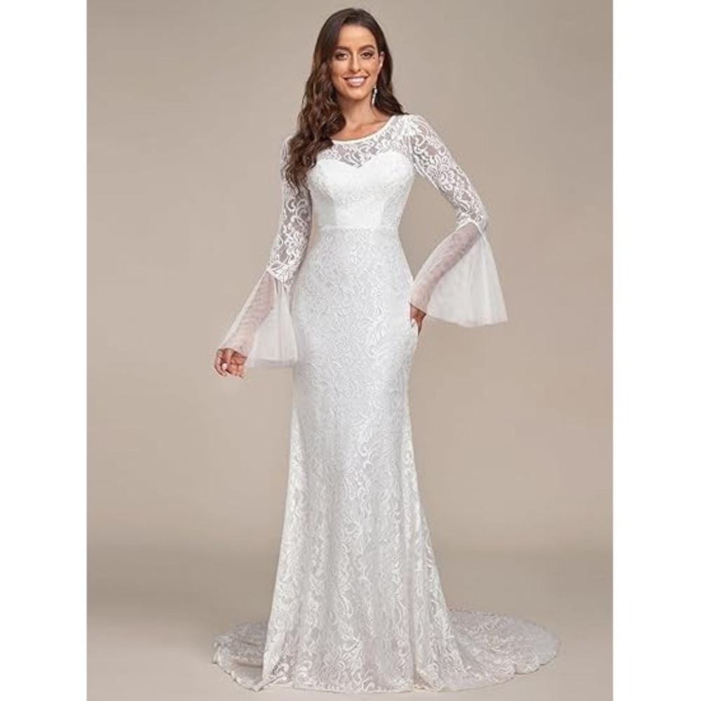 Ever-Pretty Dress Womens 10 White Lace Bell Sleeve Maxi Wedding Bridal Gown